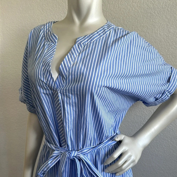 Saks Fifth Avenue Womens Striped Belted A Line Dress Blue White Cotton - Picture 4 of 7